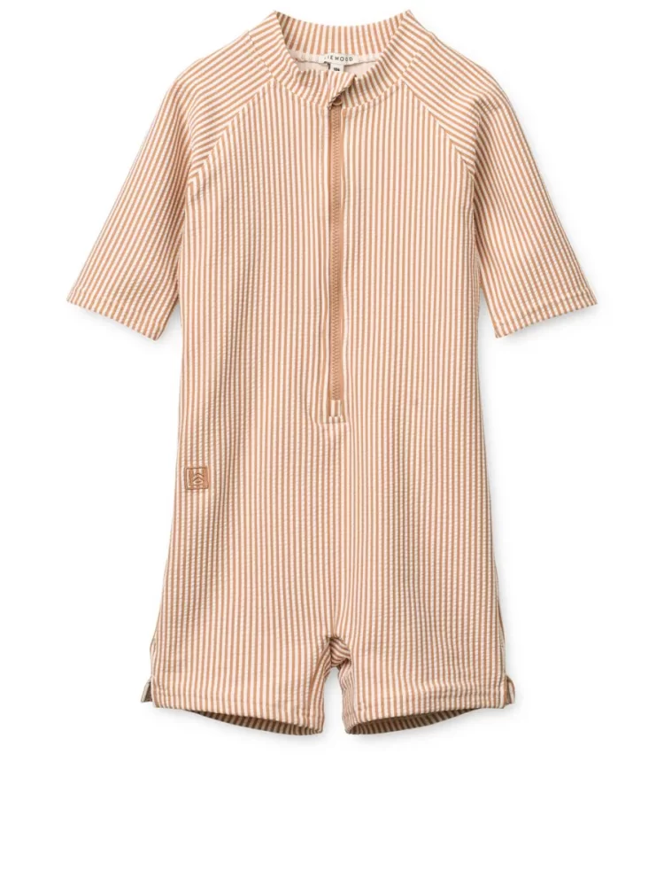 Liewood maudimosi kostiumas MAX SEERSUCKER SHORT-SLEEVE SWIM JUMPSUIT Y/D STRIPE PALE TUSCANY / CREME DE LA CREME