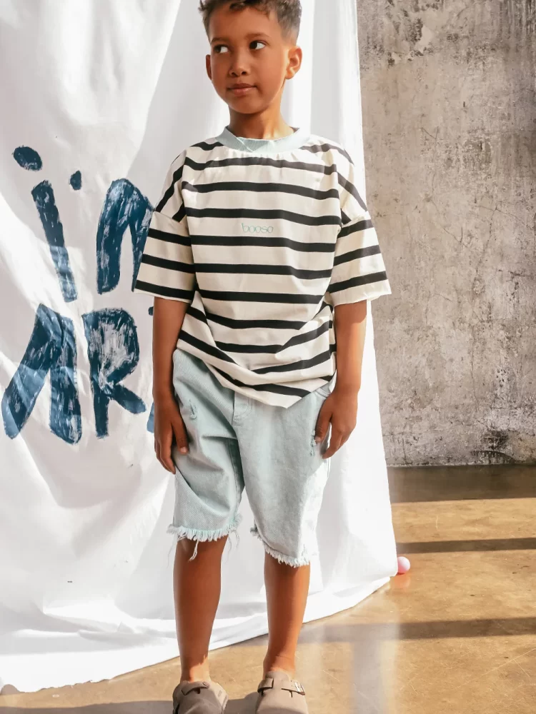 Booso marškinėliai STRIPED ecru/black/mint